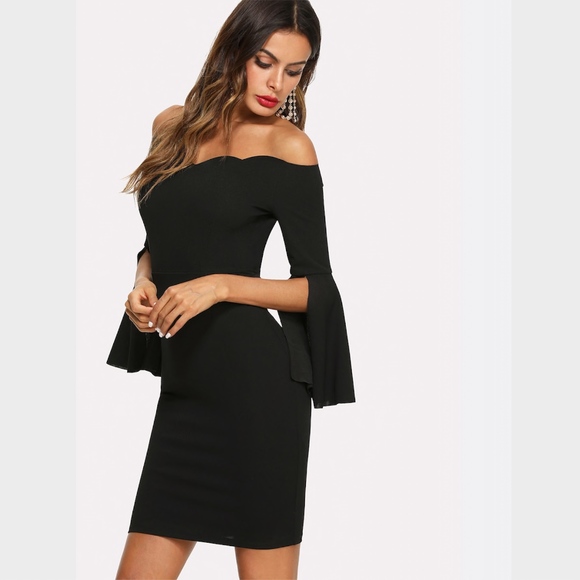 Split Trumpet Sleeve Scallop Bodycon Dress Black - Picture 4 of 6